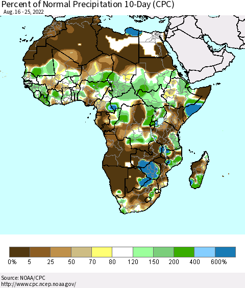 Africa Percent of Normal Precipitation 10-Day (CPC) Thematic Map For 8/16/2022 - 8/25/2022