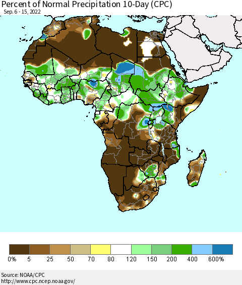Africa Percent of Normal Precipitation 10-Day (CPC) Thematic Map For 9/6/2022 - 9/15/2022