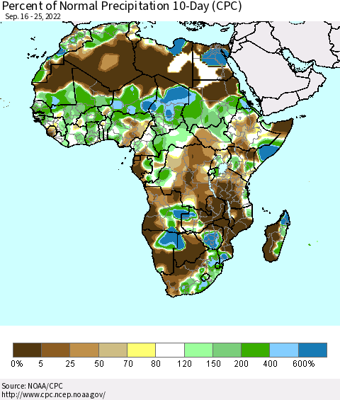 Africa Percent of Normal Precipitation 10-Day (CPC) Thematic Map For 9/16/2022 - 9/25/2022