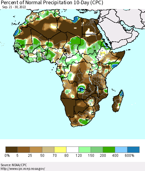 Africa Percent of Normal Precipitation 10-Day (CPC) Thematic Map For 9/21/2022 - 9/30/2022