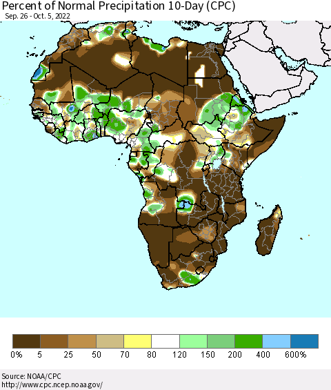Africa Percent of Normal Precipitation 10-Day (CPC) Thematic Map For 9/26/2022 - 10/5/2022