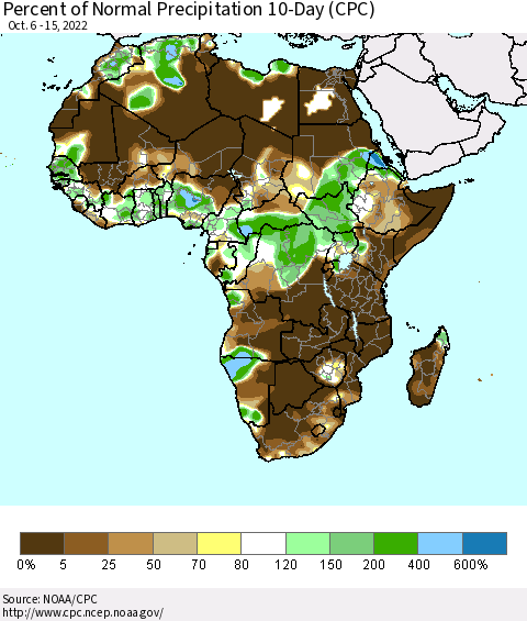 Africa Percent of Normal Precipitation 10-Day (CPC) Thematic Map For 10/6/2022 - 10/15/2022