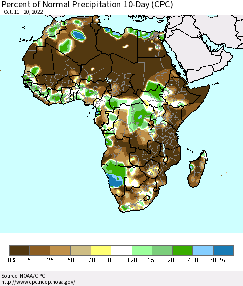 Africa Percent of Normal Precipitation 10-Day (CPC) Thematic Map For 10/11/2022 - 10/20/2022
