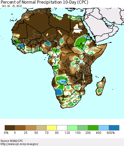 Africa Percent of Normal Precipitation 10-Day (CPC) Thematic Map For 10/16/2022 - 10/25/2022