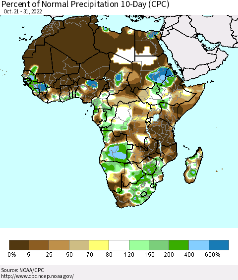 Africa Percent of Normal Precipitation 10-Day (CPC) Thematic Map For 10/21/2022 - 10/31/2022