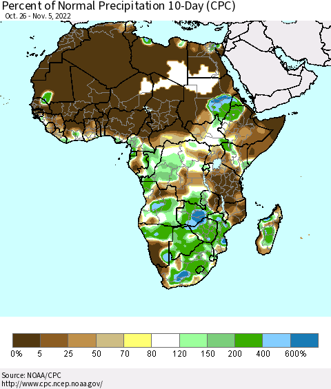 Africa Percent of Normal Precipitation 10-Day (CPC) Thematic Map For 10/26/2022 - 11/5/2022