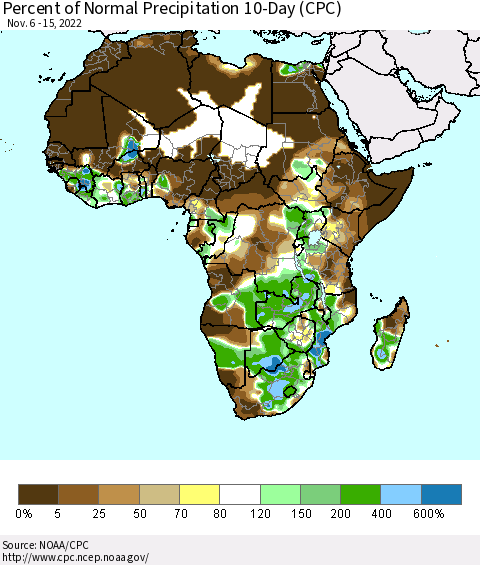 Africa Percent of Normal Precipitation 10-Day (CPC) Thematic Map For 11/6/2022 - 11/15/2022