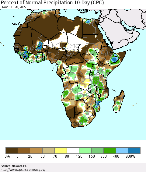 Africa Percent of Normal Precipitation 10-Day (CPC) Thematic Map For 11/11/2022 - 11/20/2022
