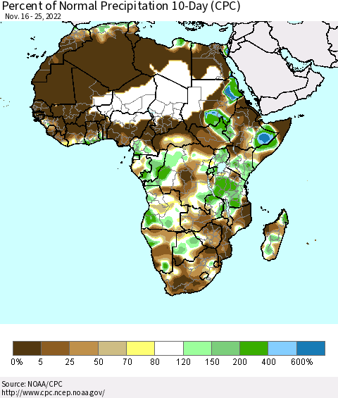 Africa Percent of Normal Precipitation 10-Day (CPC) Thematic Map For 11/16/2022 - 11/25/2022