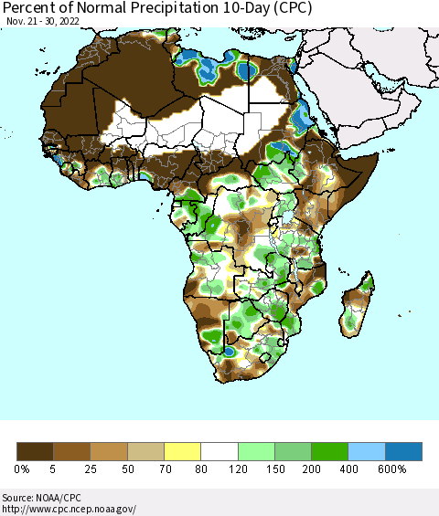 Africa Percent of Normal Precipitation 10-Day (CPC) Thematic Map For 11/21/2022 - 11/30/2022