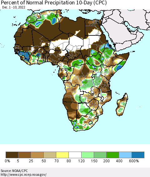 Africa Percent of Normal Precipitation 10-Day (CPC) Thematic Map For 12/1/2022 - 12/10/2022