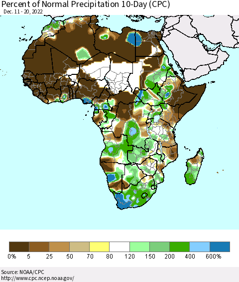 Africa Percent of Normal Precipitation 10-Day (CPC) Thematic Map For 12/11/2022 - 12/20/2022