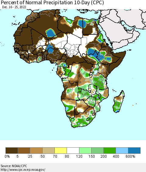 Africa Percent of Normal Precipitation 10-Day (CPC) Thematic Map For 12/16/2022 - 12/25/2022