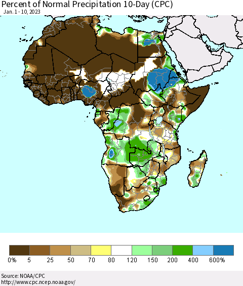 Africa Percent of Normal Precipitation 10-Day (CPC) Thematic Map For 1/1/2023 - 1/10/2023
