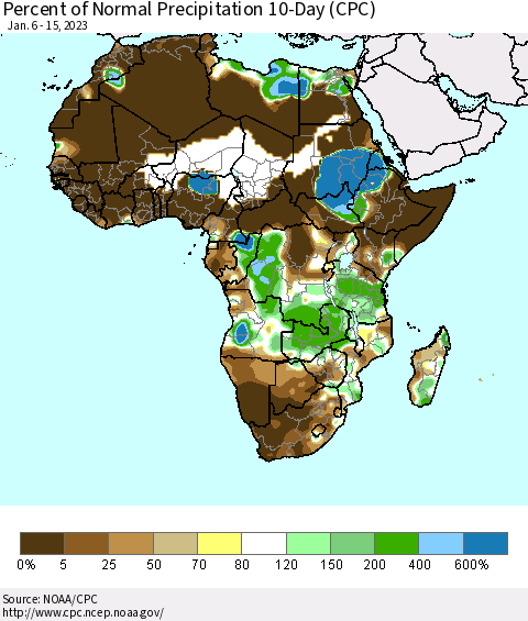 Africa Percent of Normal Precipitation 10-Day (CPC) Thematic Map For 1/6/2023 - 1/15/2023
