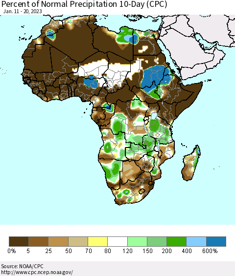 Africa Percent of Normal Precipitation 10-Day (CPC) Thematic Map For 1/11/2023 - 1/20/2023