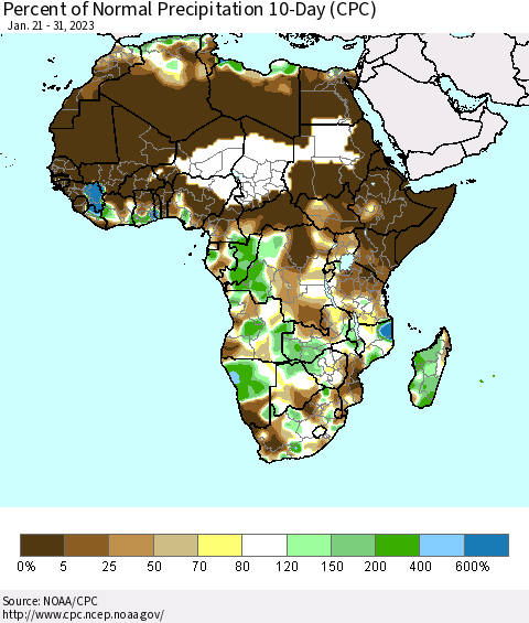 Africa Percent of Normal Precipitation 10-Day (CPC) Thematic Map For 1/21/2023 - 1/31/2023