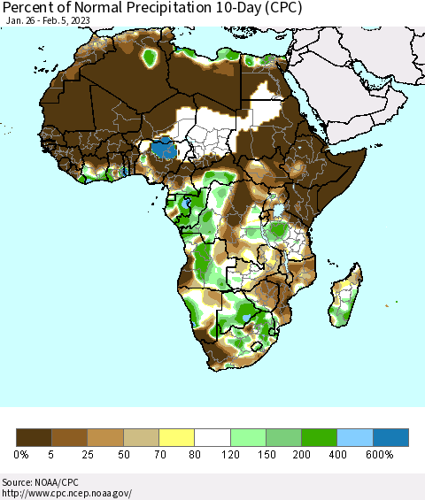 Africa Percent of Normal Precipitation 10-Day (CPC) Thematic Map For 1/26/2023 - 2/5/2023