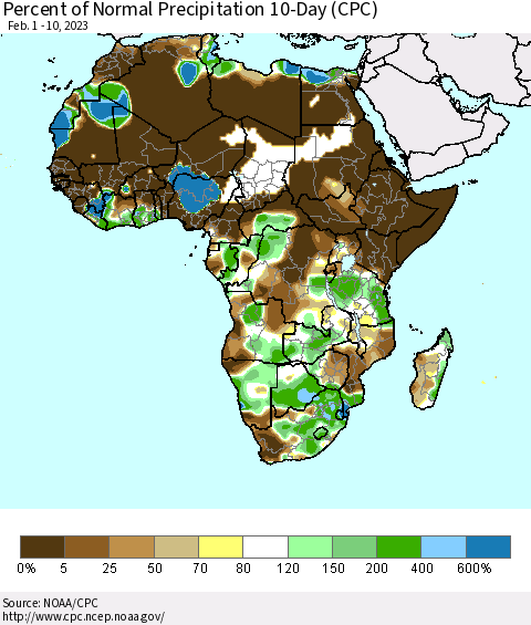 Africa Percent of Normal Precipitation 10-Day (CPC) Thematic Map For 2/1/2023 - 2/10/2023