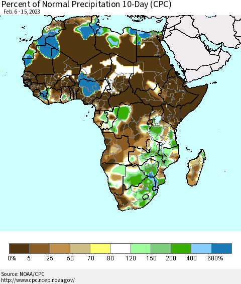 Africa Percent of Normal Precipitation 10-Day (CPC) Thematic Map For 2/6/2023 - 2/15/2023