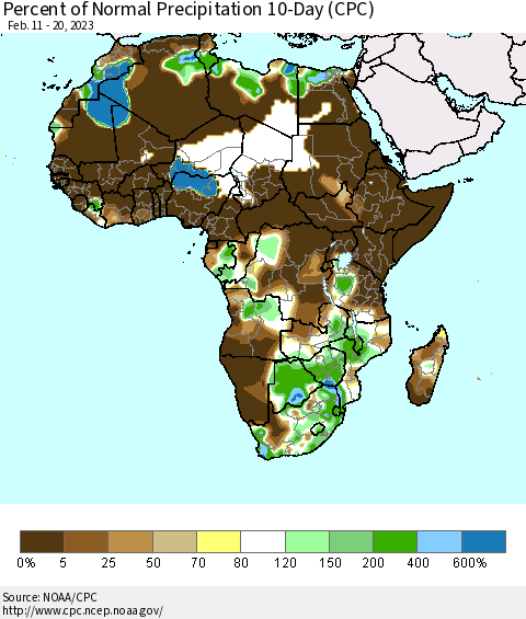 Africa Percent of Normal Precipitation 10-Day (CPC) Thematic Map For 2/11/2023 - 2/20/2023