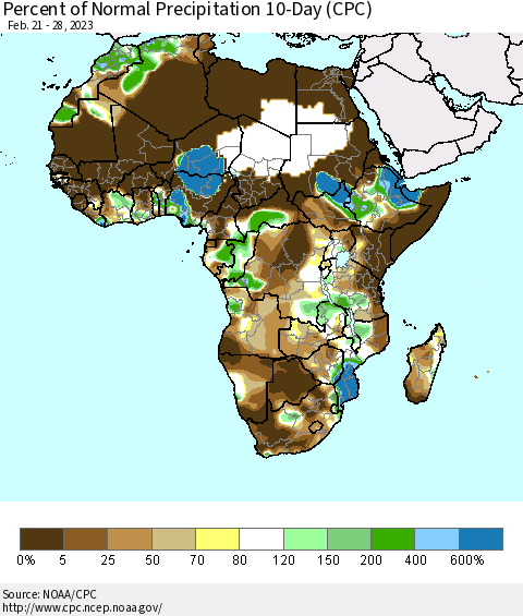 Africa Percent of Normal Precipitation 10-Day (CPC) Thematic Map For 2/21/2023 - 2/28/2023