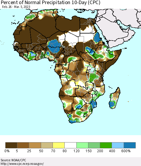 Africa Percent of Normal Precipitation 10-Day (CPC) Thematic Map For 2/26/2023 - 3/5/2023