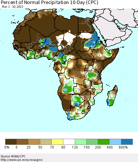 Africa Percent of Normal Precipitation 10-Day (CPC) Thematic Map For 3/1/2023 - 3/10/2023