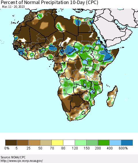 Africa Percent of Normal Precipitation 10-Day (CPC) Thematic Map For 3/11/2023 - 3/20/2023