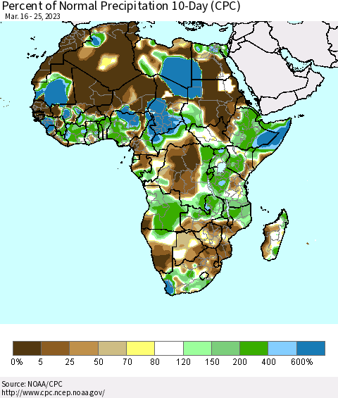 Africa Percent of Normal Precipitation 10-Day (CPC) Thematic Map For 3/16/2023 - 3/25/2023