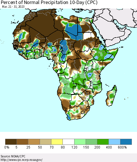 Africa Percent of Normal Precipitation 10-Day (CPC) Thematic Map For 3/21/2023 - 3/31/2023