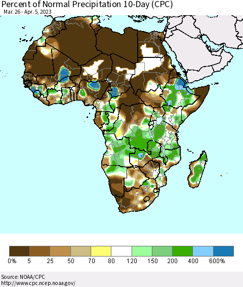 Africa Percent of Normal Precipitation 10-Day (CPC) Thematic Map For 3/26/2023 - 4/5/2023