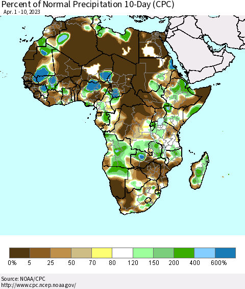 Africa Percent of Normal Precipitation 10-Day (CPC) Thematic Map For 4/1/2023 - 4/10/2023