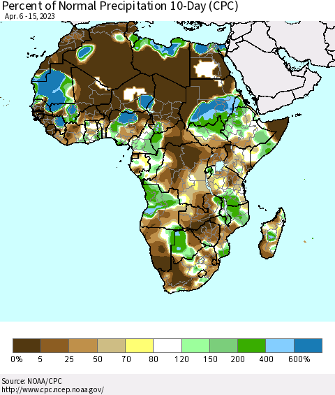 Africa Percent of Normal Precipitation 10-Day (CPC) Thematic Map For 4/6/2023 - 4/15/2023