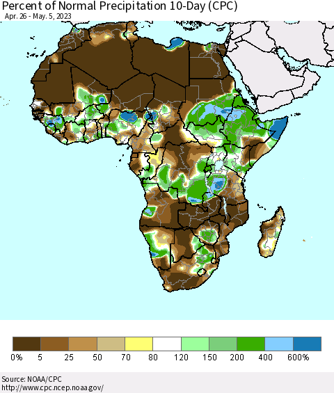 Africa Percent of Normal Precipitation 10-Day (CPC) Thematic Map For 4/26/2023 - 5/5/2023