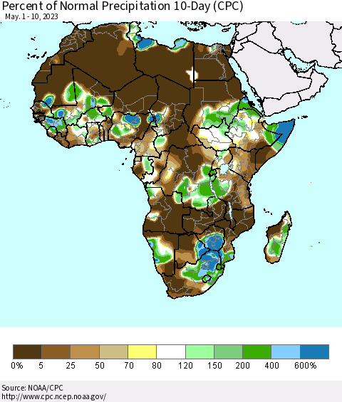 Africa Percent of Normal Precipitation 10-Day (CPC) Thematic Map For 5/1/2023 - 5/10/2023