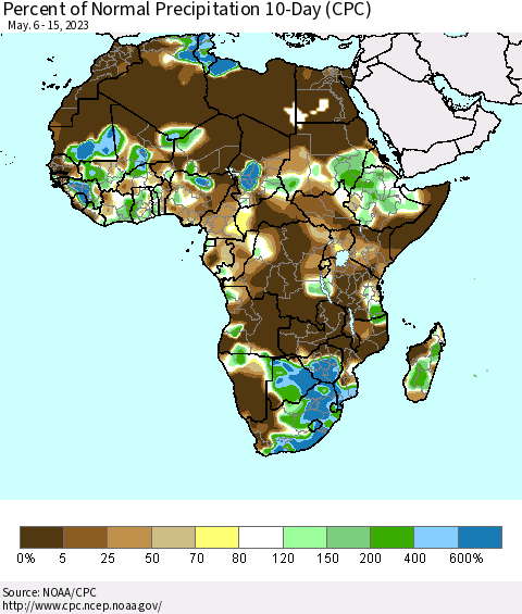 Africa Percent of Normal Precipitation 10-Day (CPC) Thematic Map For 5/6/2023 - 5/15/2023