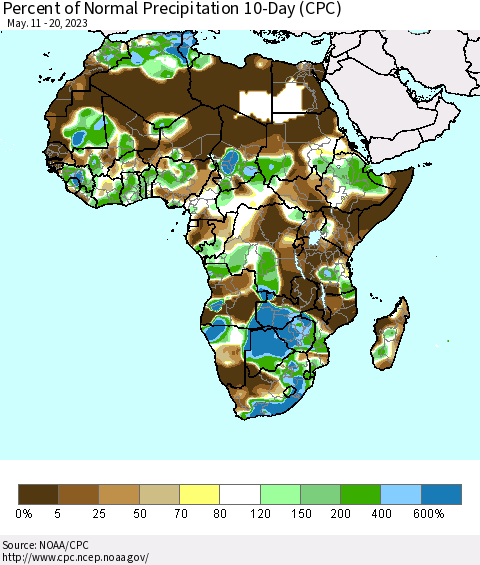 Africa Percent of Normal Precipitation 10-Day (CPC) Thematic Map For 5/11/2023 - 5/20/2023