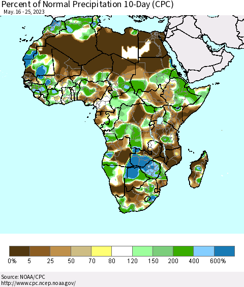 Africa Percent of Normal Precipitation 10-Day (CPC) Thematic Map For 5/16/2023 - 5/25/2023