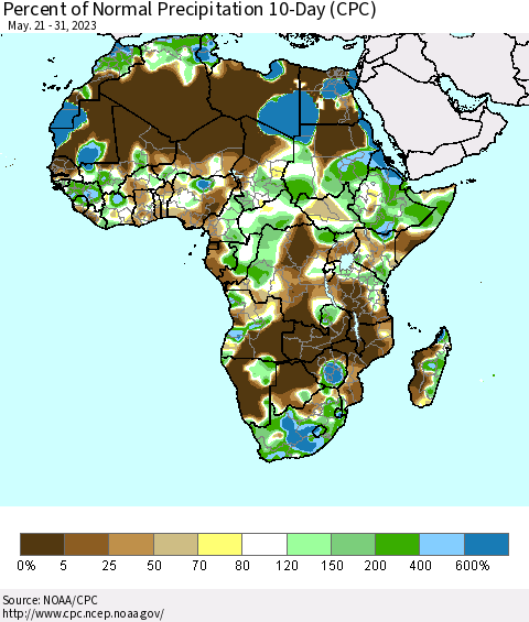 Africa Percent of Normal Precipitation 10-Day (CPC) Thematic Map For 5/21/2023 - 5/31/2023