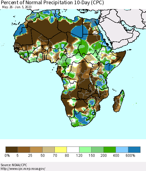 Africa Percent of Normal Precipitation 10-Day (CPC) Thematic Map For 5/26/2023 - 6/5/2023