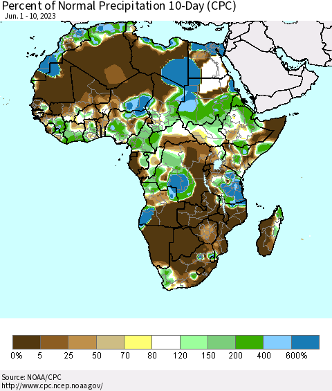 Africa Percent of Normal Precipitation 10-Day (CPC) Thematic Map For 6/1/2023 - 6/10/2023