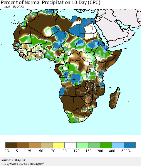 Africa Percent of Normal Precipitation 10-Day (CPC) Thematic Map For 6/6/2023 - 6/15/2023