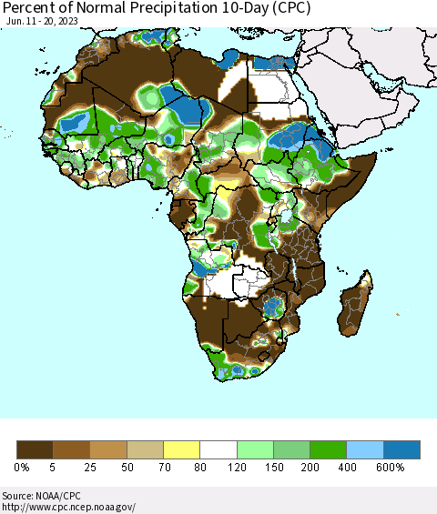 Africa Percent of Normal Precipitation 10-Day (CPC) Thematic Map For 6/11/2023 - 6/20/2023
