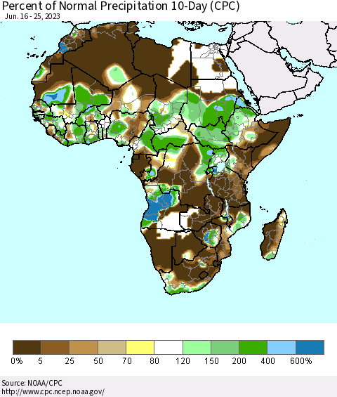 Africa Percent of Normal Precipitation 10-Day (CPC) Thematic Map For 6/16/2023 - 6/25/2023