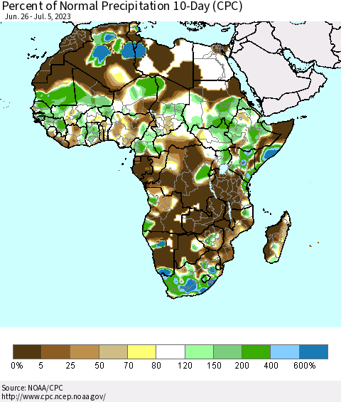 Africa Percent of Normal Precipitation 10-Day (CPC) Thematic Map For 6/26/2023 - 7/5/2023
