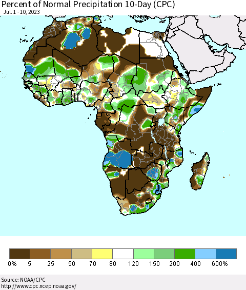 Africa Percent of Normal Precipitation 10-Day (CPC) Thematic Map For 7/1/2023 - 7/10/2023