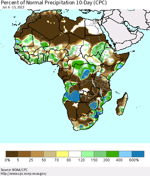 Africa Percent of Normal Precipitation 10-Day (CPC) Thematic Map For 7/6/2023 - 7/15/2023