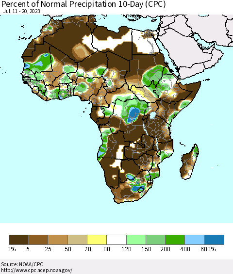 Africa Percent of Normal Precipitation 10-Day (CPC) Thematic Map For 7/11/2023 - 7/20/2023