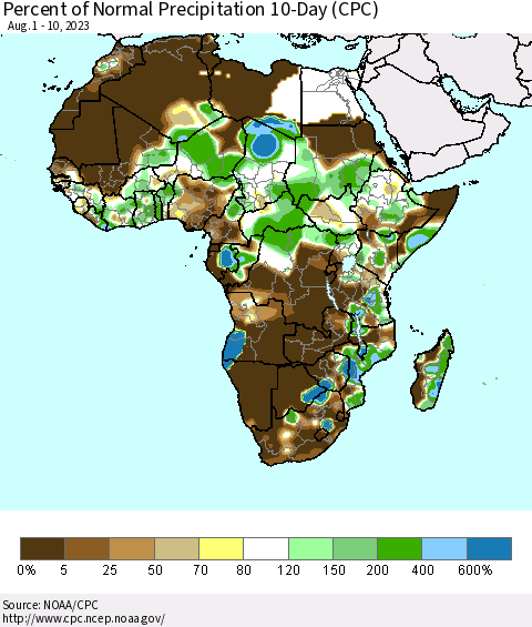 Africa Percent of Normal Precipitation 10-Day (CPC) Thematic Map For 8/1/2023 - 8/10/2023